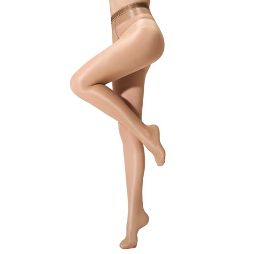 Yilanmy Glanzstrumpfhose Damen Glossy Tanzstrumpfhose 30 Den Glänzend Seideneffekt Durchscheinend Feinstrumpfhose (Braune,L)