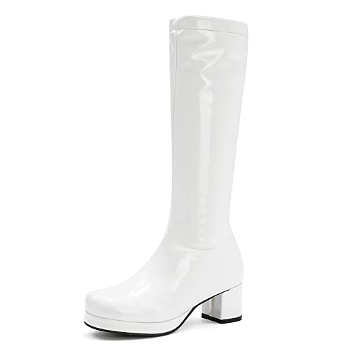 MeiLuSi Platform GOGO Boots Womens Knee High White Boots Disco 60s Platform Costume Halloween Dress Shoes Size 10