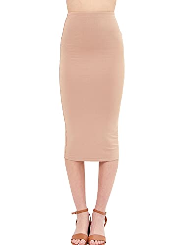 FashionMille Women Solid Basic Casual Stretch Elastic Waist Bodycon Midi Pencil Skirt