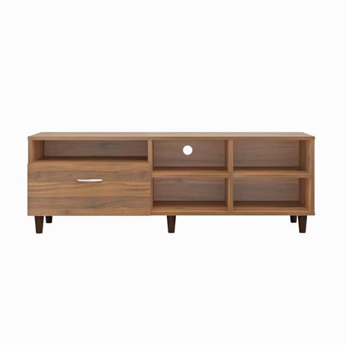 Image of VIKI Modern TV Unit for Living Room | Engineered Wood TV Cabinet with 1 Drawer Storage & 3 Open Shelves, Set Top Box Stand, Entertainment Unit, 140W x 48H x 40D cm | DIY | 1 Year Warranty (Walnut)