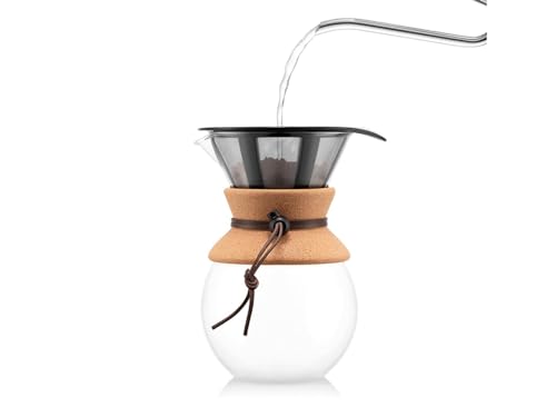 Bodum 34 oz Pour Over Coffee Maker, High-Heat Borosilicate Glass with Reusable Stainless Steel Filter and Cork Grip - Made in Portugal