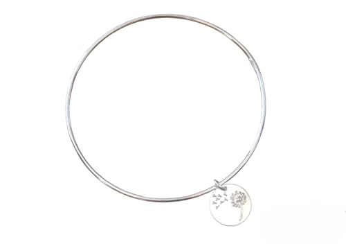 Bracelet jonc en argent massif avec breloque médaille gravée pissenlit