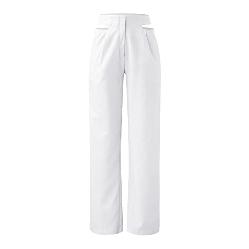 niuwa Lady Women Solid Straight-Leg Pants High Waisted Stretch Elegant Pants with Pockets Office Work Long Pants Work Wear (White-2, XL)3