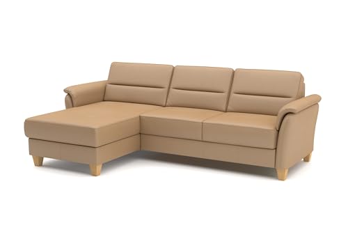 CAVADORE Leder-Ecksofa Palera mit Longchair / Landhaus-Couch mit Federkern + massiven Holzfüßen / 244 x 89 x 163 / Leder Beige