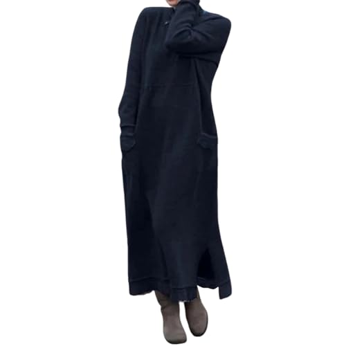 Vestidos de verano 2026 para mujer, a la moda, cuello redondo, manga larga, sin botones, de encaje, suelto, vestido grande, azul marino, XL