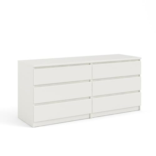 Furnifact Modern 6 Drawer Double Dresser in White Wood Grain, Perfect for Enhancing Bedroom Storage and Aesthetic Appeal
