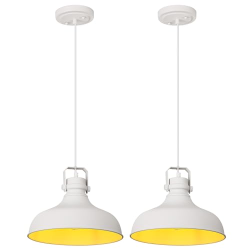 Image of White Modern Pendant Lights Kitchen Island Fixtures | ETL Certificate,Industrial Adjustable Height Vintage Dome Hanging Light Fixtures for Barn,Dining Room 2 Pack