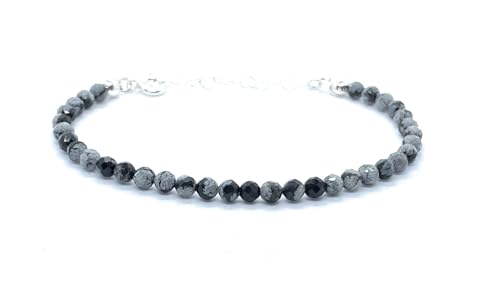 Pulsera de obsidiana nevada de 4 mm, plata de ley 925, ajustable de 16 a 19 cm