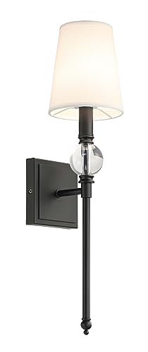 Image of XiNBEi Lighting Black Bathroom Sconces Set of 2 with Crystal Ball Accent | White Fabric Shade, Torch Indoor Wall Light Fixture, Hardwired, For Bedroom Bedside Living Room Kitchen Entryway Stairway