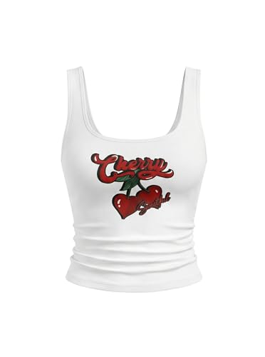 SOFIAS CHOICE Women Graphic Tank Top Summer Fitted Square Neck Sleeveless Ruched Tops White Cherry Large