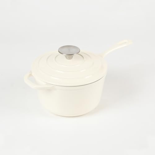 HAWOK Enameled Cast Iron Saucepan, 2QT Saucepan with Lid and Long Handle, Oyster White