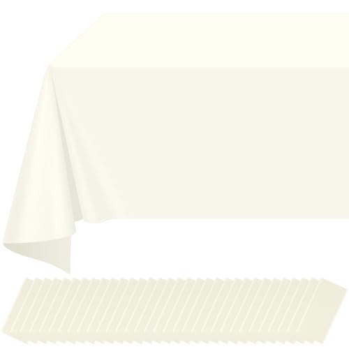 Image of 32 Pack Beige Plastic Tablecloth for Rectangle Tables, Premium Decorative Ivory Disposable Table Cloths for Parties, Rectangle Cream Party Table Cover for Birthday Wedding Baby Shower, 54x108 Inch