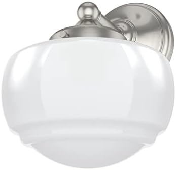 Hunter - Saddle Creek 1-Light Brushed Nickel, Medium Size Sconce Light, Dimmable, Schoolhouse Style, for Bedrooms, Kitchens, Foyers, Bathrooms - 19139