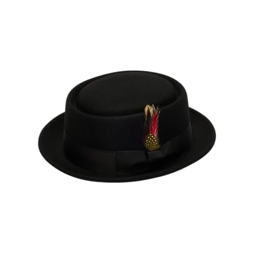 hatsXcaps Pork Pie Hat Wool Felt for Men & Women – Crushable Water-Resistant, Flat Top Boater Hat with Feather & Sweatband, Vintage Classic Style (UK, Alpha, XXL, XXL: 7 5/8 (62cm), Phantom Black)