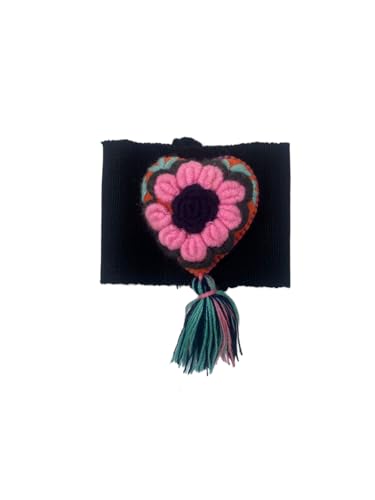 Traditional Mexican Embroidered Heart Belt with Tassel, Black belt WITH hand made heart with Floral Design and pompoms4