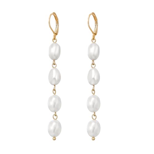 Pearl Earrings 14k Gold Plated Long Pearl Earrings Dangle Drop for Brides