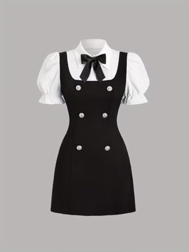 Image of Women Short Dresses 2 In 1 Colorblock Turndown Collar Lantern Sleeve Black Suit Cute Dress