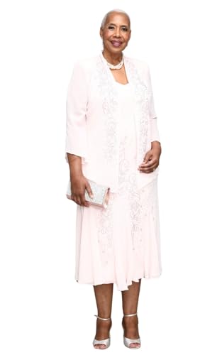 Image of Elegant Beaded Pebble Georgette Mid-Calf Slip Dress W /Matching 3 /4 Sleeve Jacket - Two-Piece Set for Formal Events