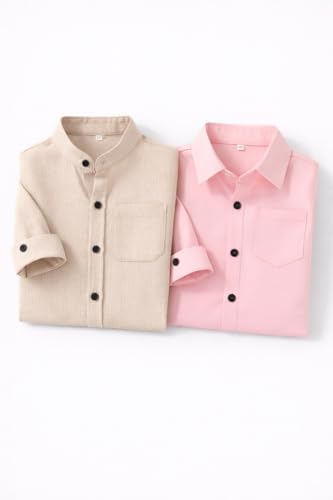 Image of Boys Mandarin Collar Shirt with Chest Pocket Beige and Rama Blue Color, Long Sleeve Button-Down Casual Shirt Pack of 2