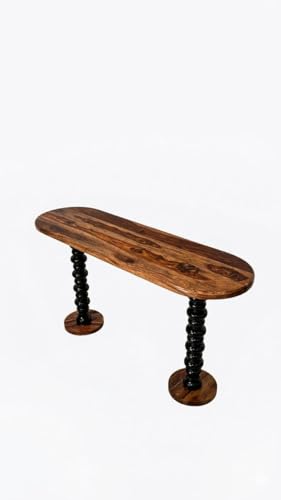 Image of Solid Sheesham Wood Console Table for Living Room | Entryway Hallway Sofa & Fish Tank Table | Oval Top with Turned Spindle Legs | Wooden Accent Furniture | Light Walnut Finish
