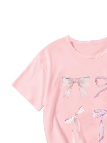 Image of Girl's Bow Graphic Tees Crew Neck Short Sleeve Summer T Shirts Preppy Cute Clothes for Girls