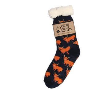Bartleby Men's Blue Sherpa Socks - Highland Cow