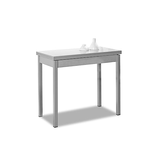 Mesa de Cocina Extensible de Libro sin cajón   80x40 cm (80x80 cm)   Estructura y Tapa Interior Color Aluminio   Tapa Superior Cristal Color Blanca