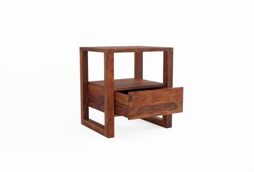 Image of Wooden Bedside Table for Bedroom | Nightstand Side Table with Drawers & Self Storage for Living Room | Sheesham Wood, Natural Honey