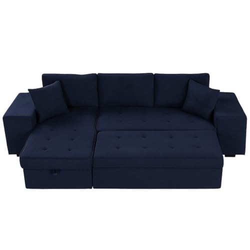 Image of FURNY Holland 6 Seater Fabric LHS L Shape Pull Out Sofa Cum Bed with Storage & 2 Puffy for Living Room (Blue)