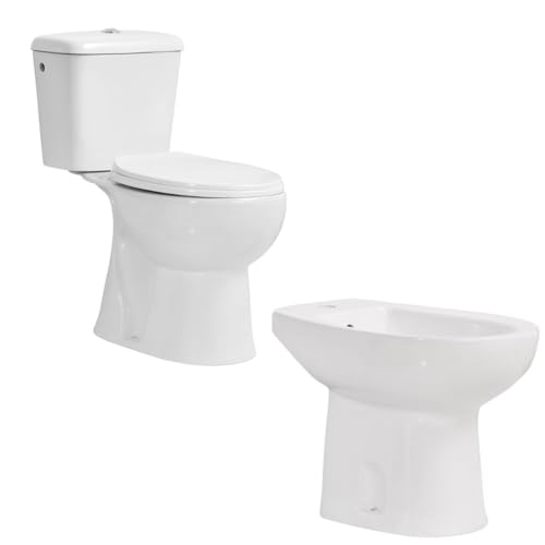 INODORO Completo con BIDET, Inodoro y Bidet Blanco, Pack Wc Inodoro, Retrete con Bidet para Hogar, Sistema Antibacterias, Tapa Dura Extrafina Amortiguada, Salida Vertical