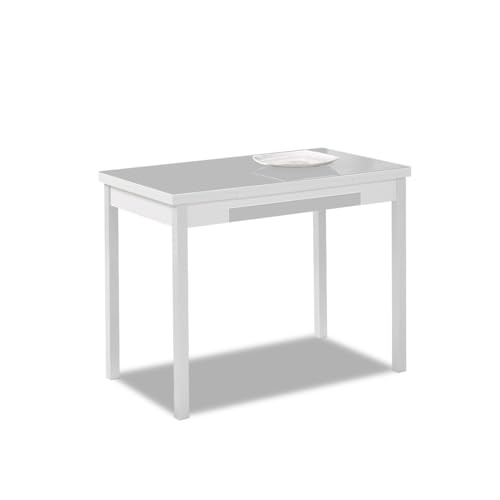 Astimesa   Mesa de Cocina Extensible con Tapa de Cristal, con 2 Alas y Cajón   Estructura de Metal Blanco   Color: Gris   Mesa Cerrada: 100 cm x 60 cm. Mesa extendida: 150 x 60 cm