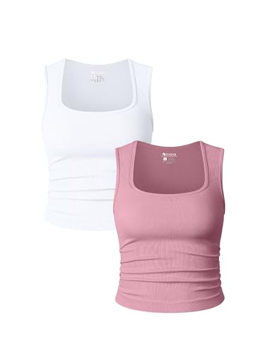 Image of OQQ Womens 2 Piece Crop Tops Rueched Sleeveless Square Neck Stretch Basic Tank Shirts