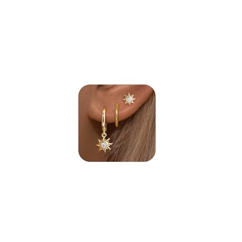 Eathareel 3 Pairs Gold Sun Hoop Earrings Set for Women, 14K Gold Plated Celestial Sun Huggie Hoops...