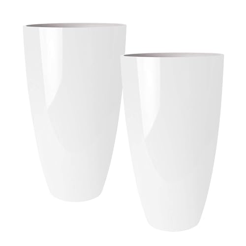 RUBBER BOND Plant Pots 2 Pack - Modern Indoor/Outdoor Planters for Home Decor - Weather-Resistant Large Flower Pots - Lightweight 22 Inches Tall Planters - White Glossy Round Pots for Plants