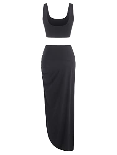 Image of ZAFUL Women's Casual Sleeveless Summer Solid Marled Crop Top and Draped Ruched Maxi Skirt Set Two Piece Dress