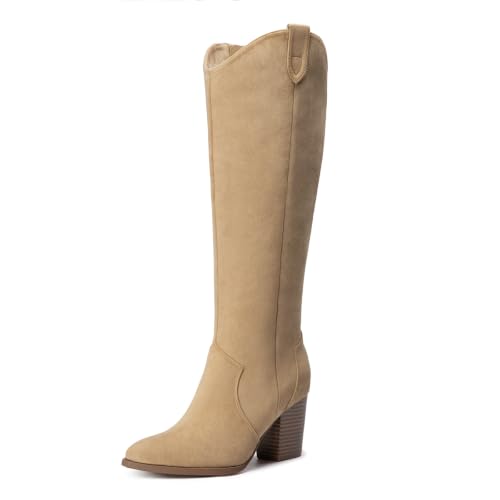 Athlefit Suede Knee High Boots Women Fall Tall Boots Side Zipper Camel 7