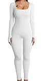 HOPYOP White Jumpsuit for Women, Sexy One Piece Long Sleeve Jumpsuit Women's Yoga Ribbed Workout Rompers (White, M)