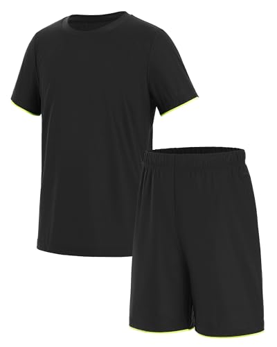 JOCMIC Kids Football Kit for Boys Shorts and T-Shirt Sets Quick Drying Sports Athletic School Pe Training Jersey Mesh Outfits Black,7-8Y,Tag 130