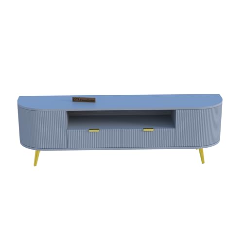 Image of 60L x 16W x 22H Inches Solid Wood TV Unit for Living Room | Modern TV Stand for 55-65 Inch TV | Free Standing Entertainment Cabinet with 2 Drawers (Navy Blue)