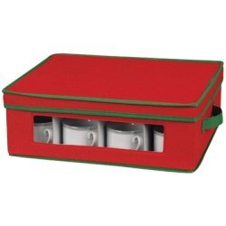 Household Essentials Holiday Dinnerware Storage Chest for Coffee Cups, Red with Green Trim