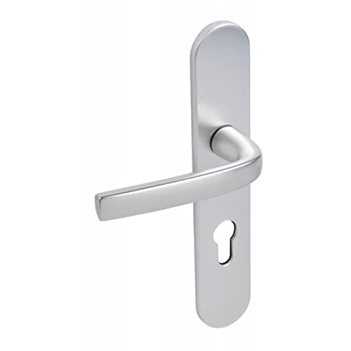 Vachette Set de Poignée de Porte sur Grande Plaque Logio - Version Clé I Porte d’Entrée, Cave, Bureau et Garage - Entraxe 195 mm - Système de Pose Facile - Garantie 10 ans - Aluminium anodisé Argent