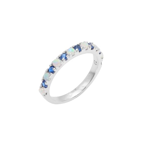 Opal-and-Blue-Cubic-Zirconia-Half-Eternity-Band-Ring-925-Sterling-Silver-For-Women-US-6-12