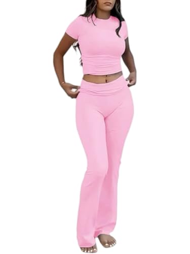 AYWA Womens 2 Piece Lounge Sets Short Sleeve Crop Top Foldover Flare Pants Casual Pajama Outfits (Light Pink Small)