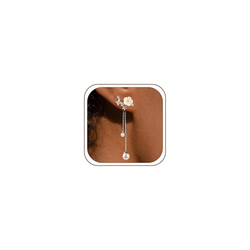 RIXERKOC Boucles d'oreilles Pendantes en Perles Fleurs, Hypoallergénique Longues Boucles d'oreilles Enfilées CZ, Boucles d'oreille de Mariage en Fleurs pour...