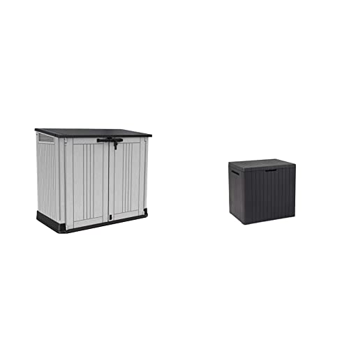 Keter 249317 Store it Out Nova Outdoor Garden Storage Shed, 132 x 71.5 x 113.5 cm, Light Grey with Dark Grey Lid & City 113L Outdoor Garden Storage Box Garden Furniture - Dark Grey