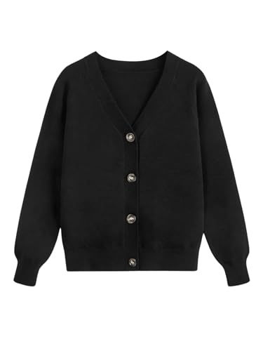 SHENHE Girl's Button Down Cardigan V Neck Long Sleeve Casual Solid Fall Cardigan Sweater