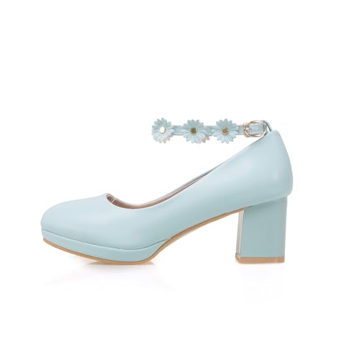 Women’s Cute Platform Ankle Strap Pumps Lolita Princess Round Closed Toe Mid Heels Chunky Buckle Flower Wedding Party Dress Fashion Comfortable Block Heeled Girls Shoes3