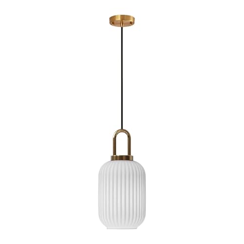 EKSED Lámpara colgante de cristal blanco con acabado en oro bronce, lámpara colgante de luz de techo retro moderna para mesita de noche, mesa de comedor, isla de cocina (140 mm)