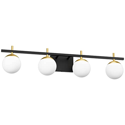 Ralbay Mid Century Modern Vanity Light Fixture 4-Light Milky Glass Modern Bathroom Vanity Lights Over Mirror, Black/Golden Modern Vanity Light For Bathroom (Exclude Bulb) #TOP10