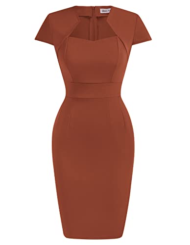 GRACE KARIN Damen Cap-Ärmel Vintage Wiggle Kleid Bodycon, Caramel, Medium
